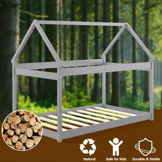 Stable Kids Platform Floor Bed with Roof and Heavy-Duty Slats-Gray W2B