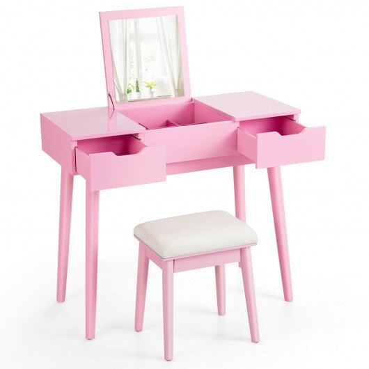 Makeup Vanity Table Set with Flip Top Mirror and 2 Drawers-Pink