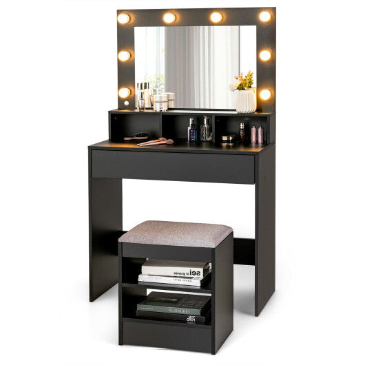 Vanity Table Set with Lighted Mirror and Cushion Stool-Black