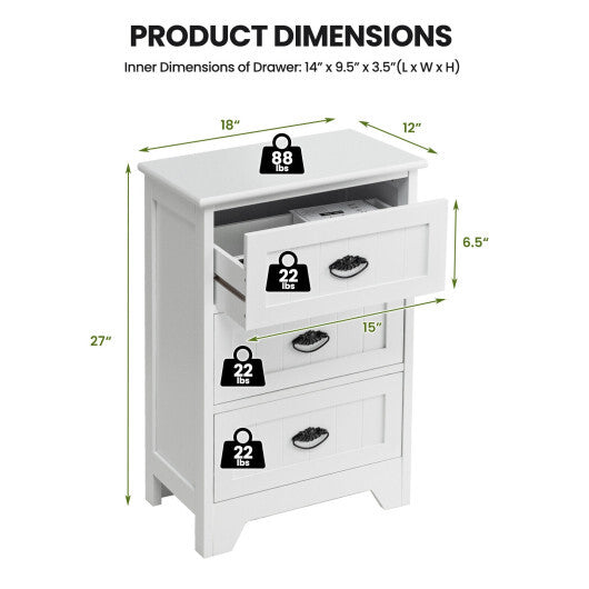 3 Drawers End Storage Wood Side Nightstand-Black W2B