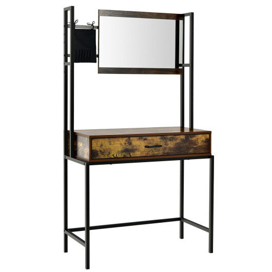 Industrial Vanity Table with 3-Height Adjustable Mirror Bag-Brown - Color: Brown W2B
