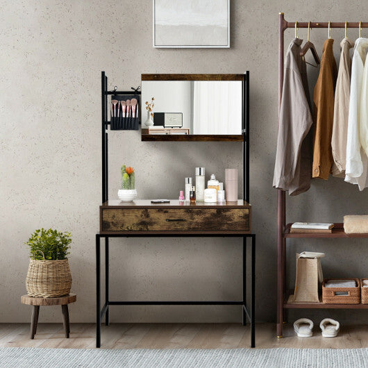 Industrial Vanity Table with 3-Height Adjustable Mirror Bag-Brown - Color: Brown W2B