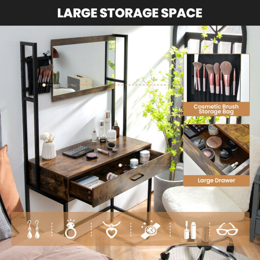 Industrial Vanity Table with 3-Height Adjustable Mirror Bag-Brown - Color: Brown W2B