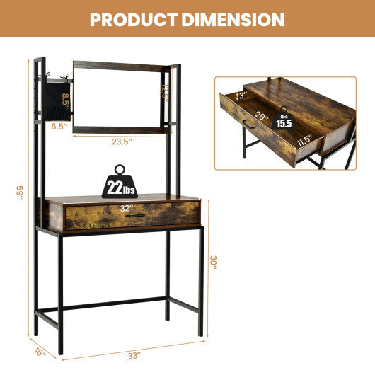 Industrial Vanity Table with 3-Height Adjustable Mirror Bag-Brown - Color: Brown W2B