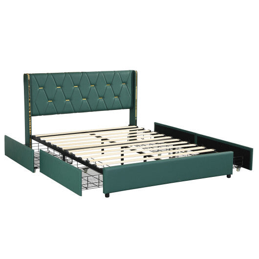 Full/Queen Size Upholstered Bed Frame with 4 Drawers-Green-Full Size W2B