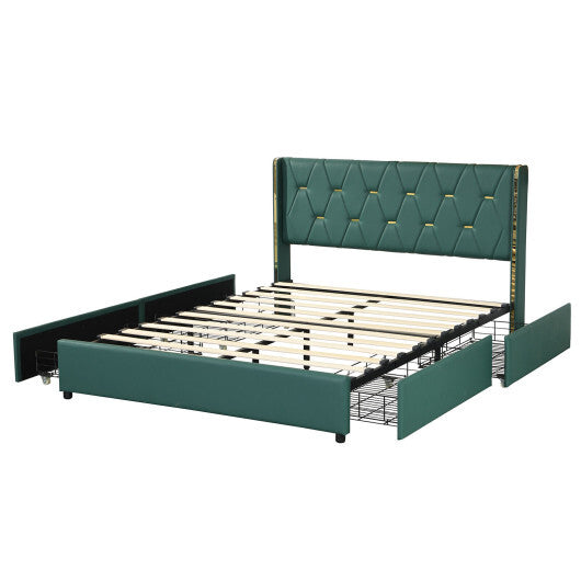 Full/Queen Size Upholstered Bed Frame with 4 Drawers-Green-Full Size W2B