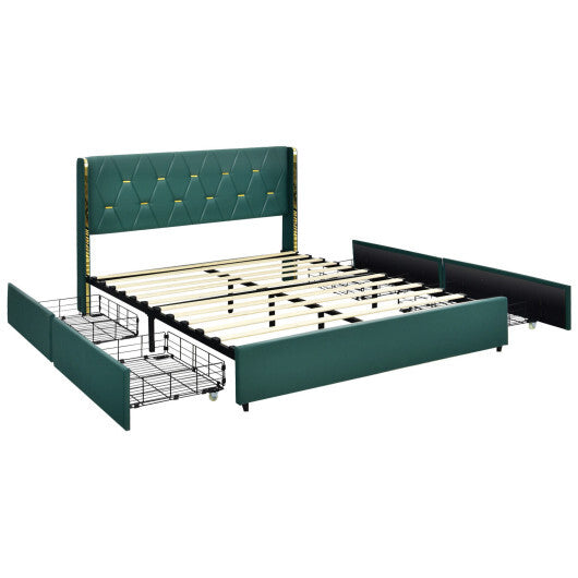 Full/Queen Size Upholstered Bed Frame with 4 Drawers-Green-Full Size W2B