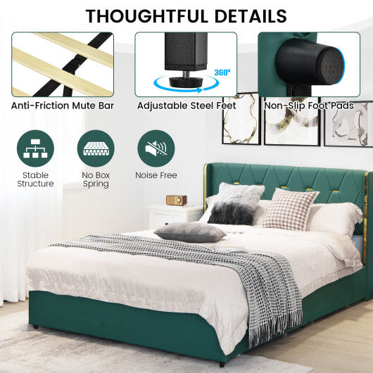 Full/Queen Size Upholstered Bed Frame with 4 Drawers-Green-Full Size W2B
