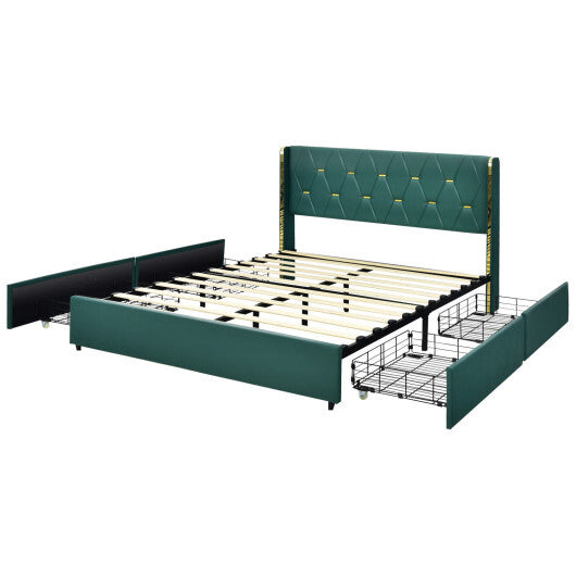 Full/Queen Size Upholstered Bed Frame with 4 Drawers-Green-Full Size W2B