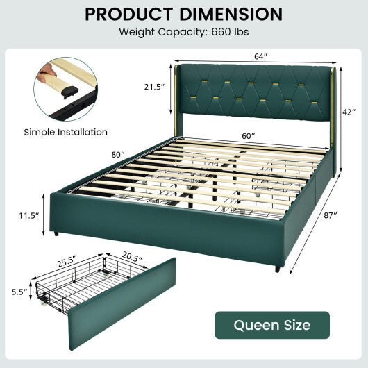 Full/Queen Size Upholstered Bed Frame with 4 Drawers-Green-Full Size W2B