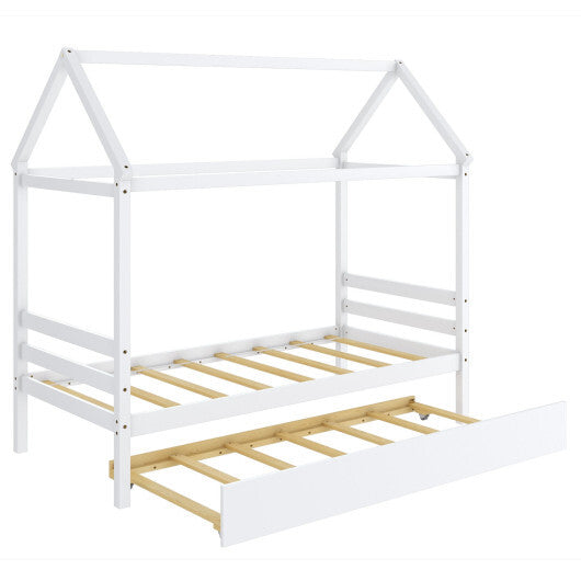 Kids Platform Bed Frame with Roof for Bedroom-Gray