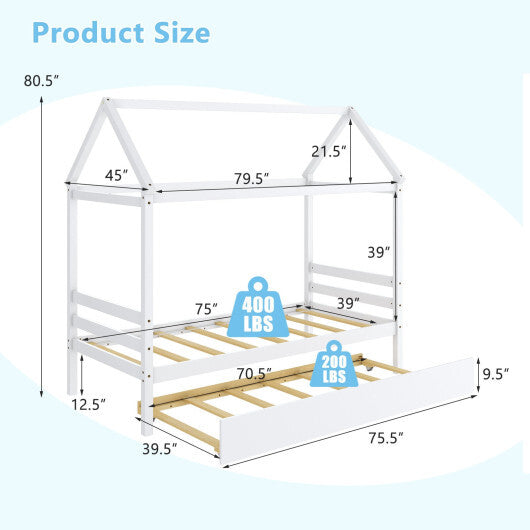 Kids Platform Bed Frame with Roof for Bedroom-Gray