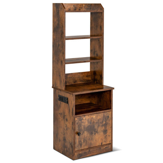 6-Tier Bookshelf Nightstand with Charging Station and Cabinet-Rustic Brown