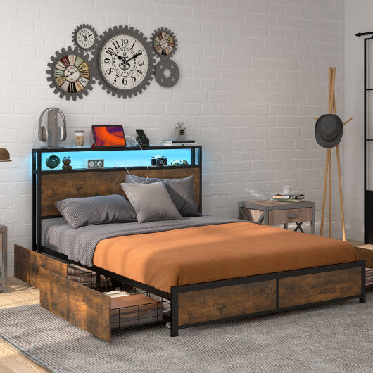 Full/Queen Size Bed Frame with Smart LED Lights and Storage Drawers-Full Size W2B