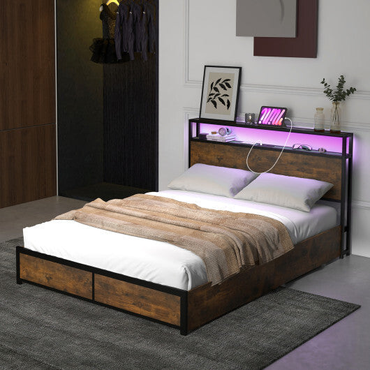 Full/Queen Size Bed Frame with Smart LED Lights and Storage Drawers-Full Size W2B