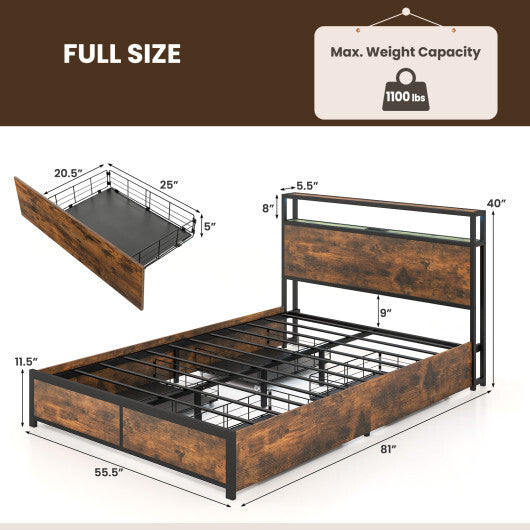 Full/Queen Size Bed Frame with Smart LED Lights and Storage Drawers-Full Size W2B