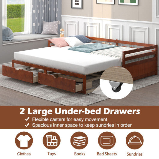 Extendable Twin to King Daybed with Trundle and 2 Storage Drawers W2B