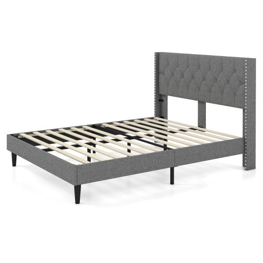 Full/Queen Size Upholstered Platform Bed with Button Tufted Headboard-Queen Size W2B