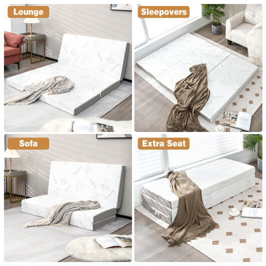 4 Inch Tri-fold Cooling Gel Memory Foam Mattress-Full Size - Color: White - Size: Full Size W2B