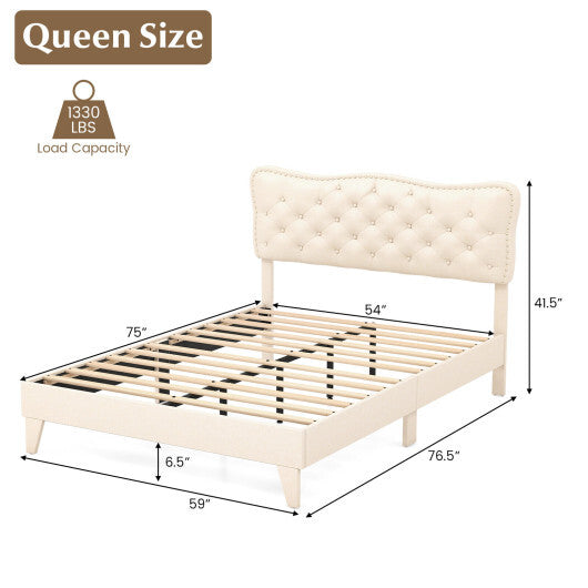 Full/Queen Size Bed Frame with Nail Headboard and Wooden Slats-Queen Size