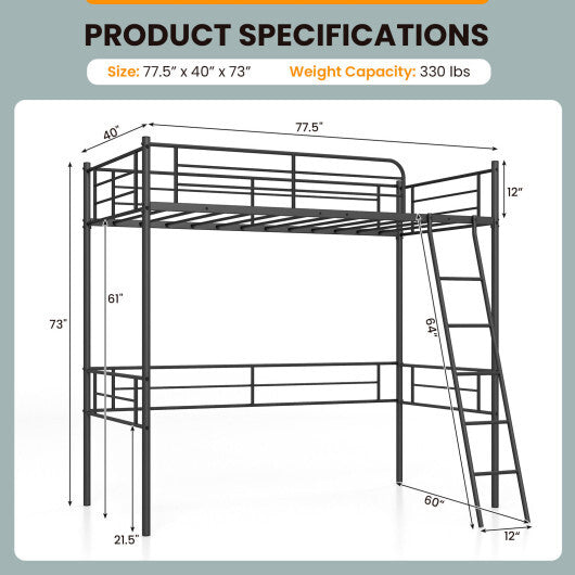 Metal Loft Twin Bed Frame Single High Loft Bed-Black W2B