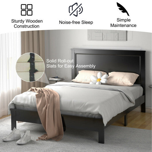 Queen Size Bed Frame Platform Slat High Headboard Bedroom with Rubber Wood Leg-Black W2B