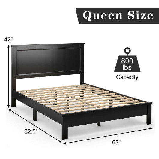 Queen Size Bed Frame Platform Slat High Headboard Bedroom with Rubber Wood Leg-Black W2B