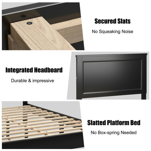 Queen Size Bed Frame Platform Slat High Headboard Bedroom with Rubber Wood Leg-Black W2B