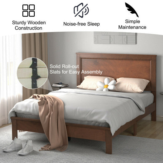 Queen Size Bed Frame Platform Slat High Headboard Bedroom with Rubber Wood Leg-Black W2B
