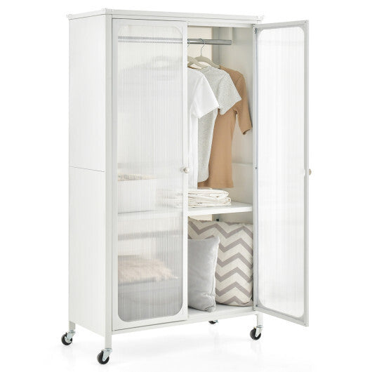 Rolling Storage Armoire Closet with Hanging Rod and Adjustable Shelf-White