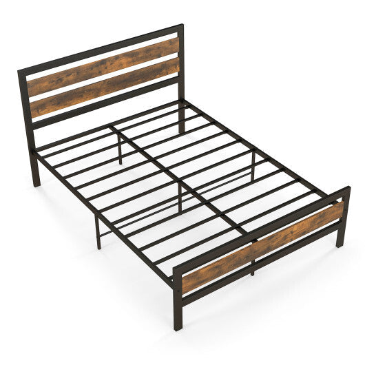 Full/Queen Industrial Bed Frame with Rustic Headboard and Footboard-Full Size W2B
