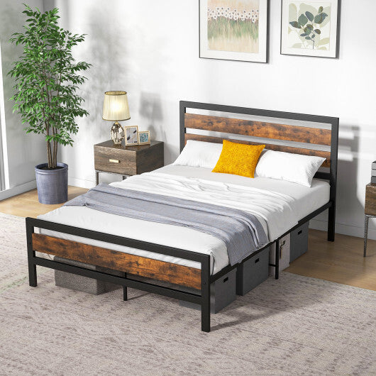 Full/Queen Industrial Bed Frame with Rustic Headboard and Footboard-Full Size W2B