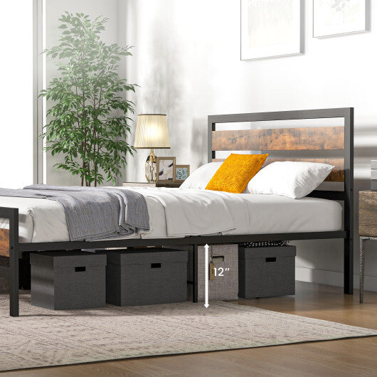 Full/Queen Industrial Bed Frame with Rustic Headboard and Footboard-Full Size W2B