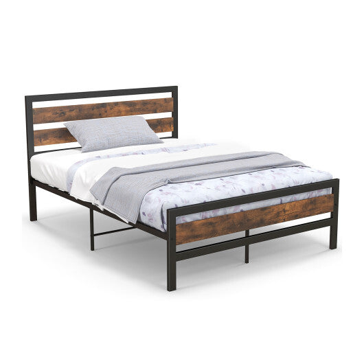 Full/Queen Industrial Bed Frame with Rustic Headboard and Footboard-Full Size W2B