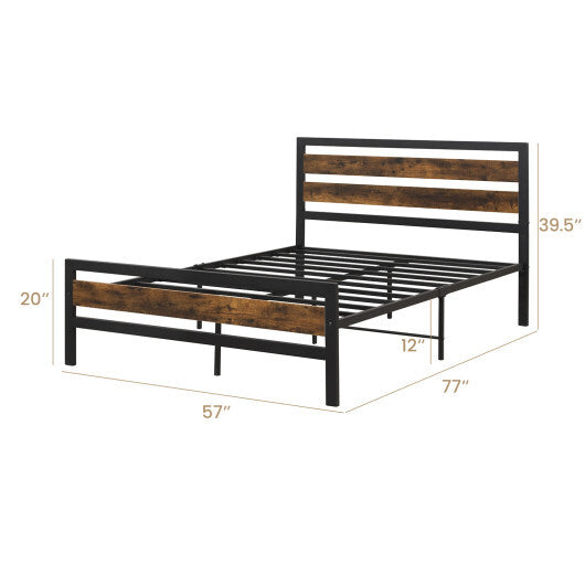 Full/Queen Industrial Bed Frame with Rustic Headboard and Footboard-Full Size W2B