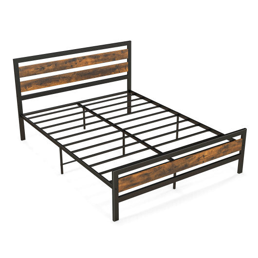 Full/Queen Industrial Bed Frame with Rustic Headboard and Footboard-Full Size W2B