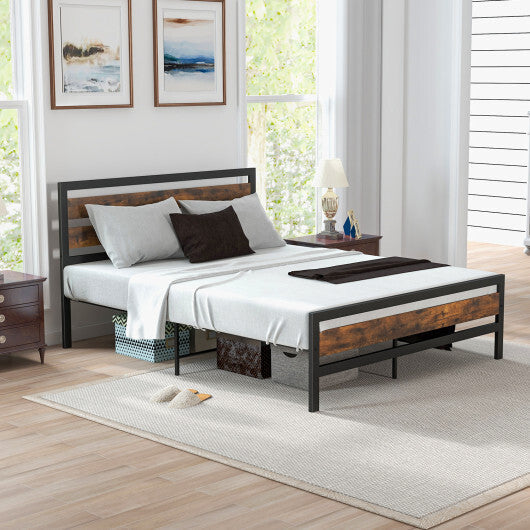 Full/Queen Industrial Bed Frame with Rustic Headboard and Footboard-Full Size W2B