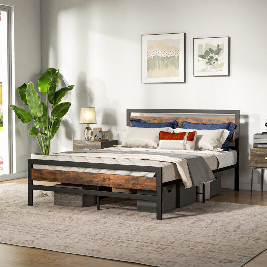 Full/Queen Industrial Bed Frame with Rustic Headboard and Footboard-Full Size W2B