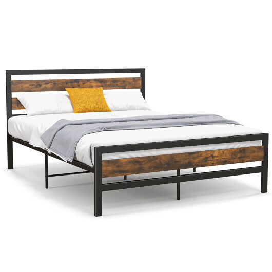 Full/Queen Industrial Bed Frame with Rustic Headboard and Footboard-Full Size W2B