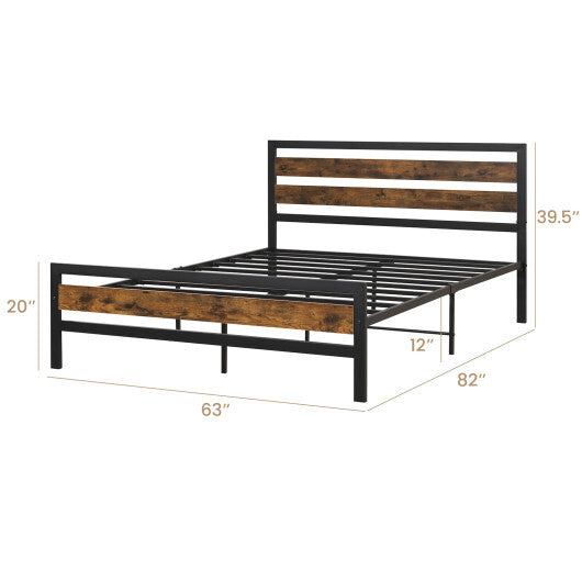 Full/Queen Industrial Bed Frame with Rustic Headboard and Footboard-Full Size W2B