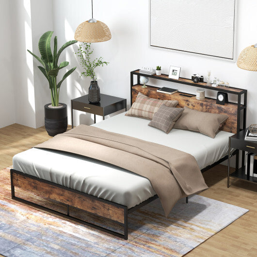 Full/Queen Bed Frame with 2-Tier Storage Headboard and Charging Station-Full Size W2B