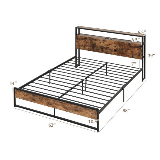 Full/Queen Bed Frame with 2-Tier Storage Headboard and Charging Station-Full Size W2B