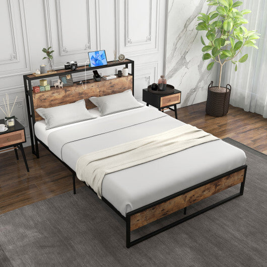 Full/Queen Bed Frame with 2-Tier Storage Headboard and Charging Station-Full Size W2B