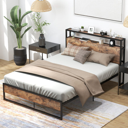 Full/Queen Bed Frame with 2-Tier Storage Headboard and Charging Station-Full Size W2B
