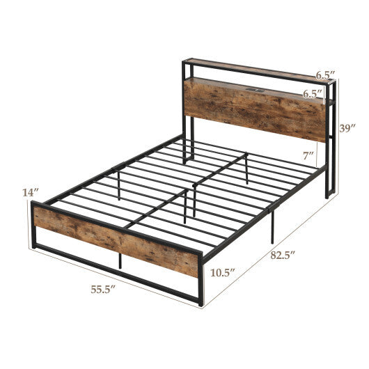 Full/Queen Bed Frame with 2-Tier Storage Headboard and Charging Station-Full Size W2B