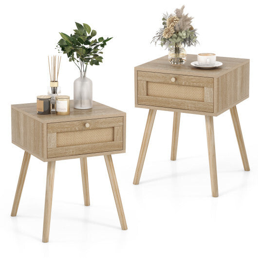 Set of 2 Modern Rattan Nightstand with Drawer and Solid Wood Legs for Bedroom and Living Room-Oak W2B