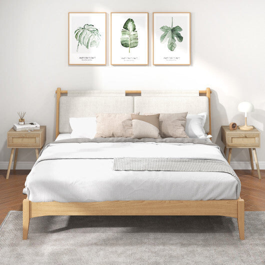Set of 2 Modern Rattan Nightstand with Drawer and Solid Wood Legs for Bedroom and Living Room-Oak W2B