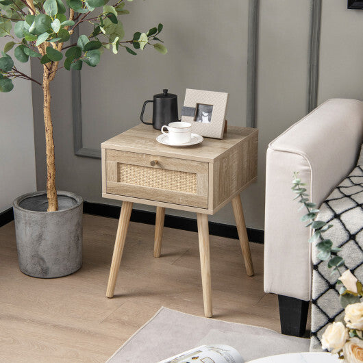 Set of 2 Modern Rattan Nightstand with Drawer and Solid Wood Legs for Bedroom and Living Room-Oak W2B