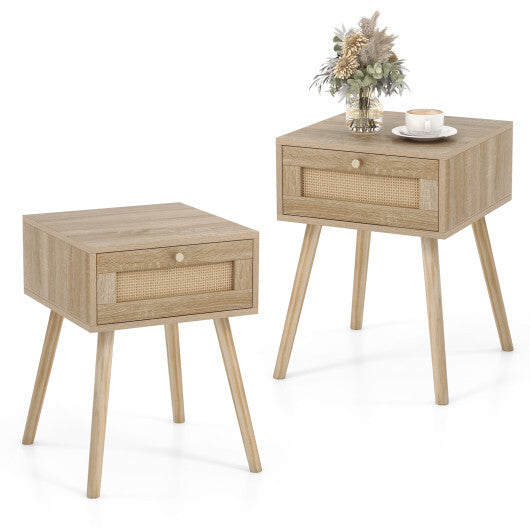 Set of 2 Modern Rattan Nightstand with Drawer and Solid Wood Legs for Bedroom and Living Room-Oak W2B