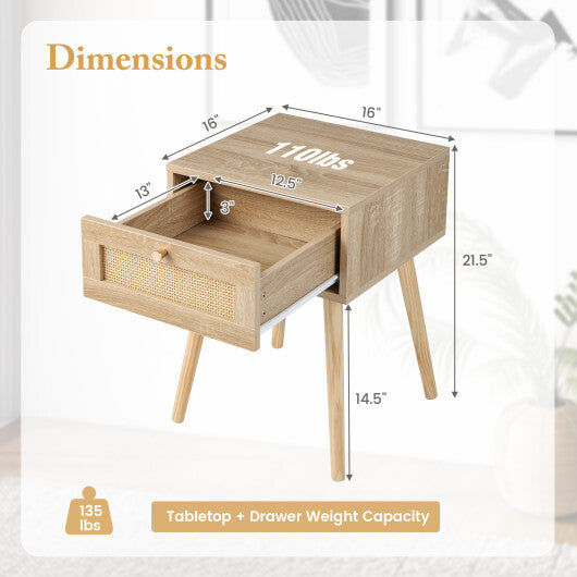 Set of 2 Modern Rattan Nightstand with Drawer and Solid Wood Legs for Bedroom and Living Room-Oak W2B